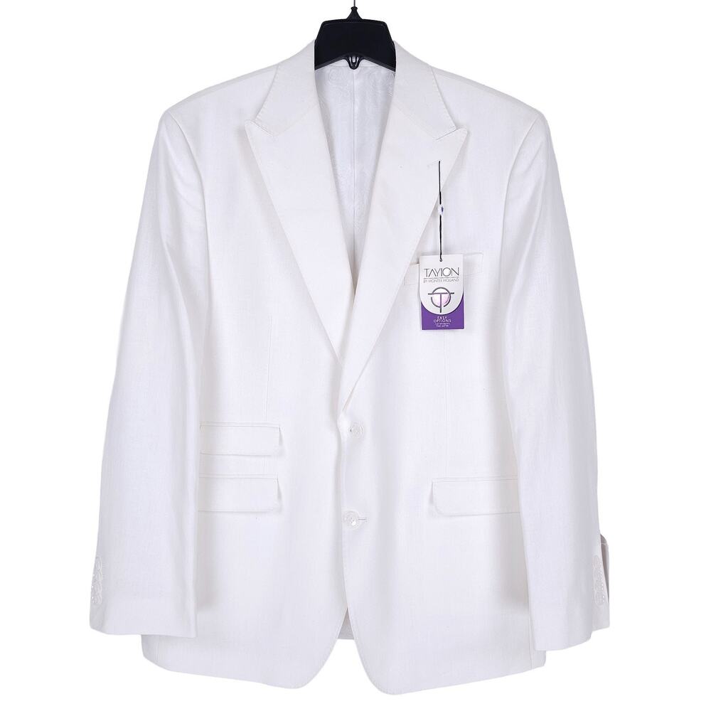 Tayion Mens Classic Fit Suit Jacket Blazer 44L White Herringbone Linen Cotton